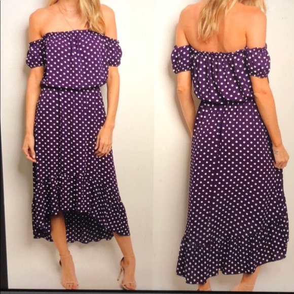 Purple and white polka dot off shoulder dress - Picture 2 of 7